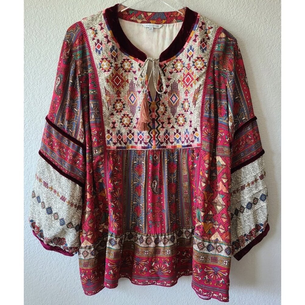 John Mark Boho Multicolor Floral Patchwork Blouse S Velvet Accents L/S Tassel
